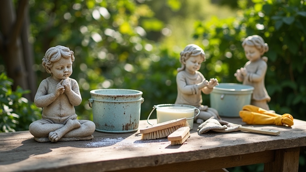 Garden workbench with weathered statues, soft brushes, cleaners, and paint laid out beneath leafy trees