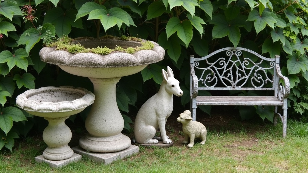 vintage stone garden ornaments on mossy grass